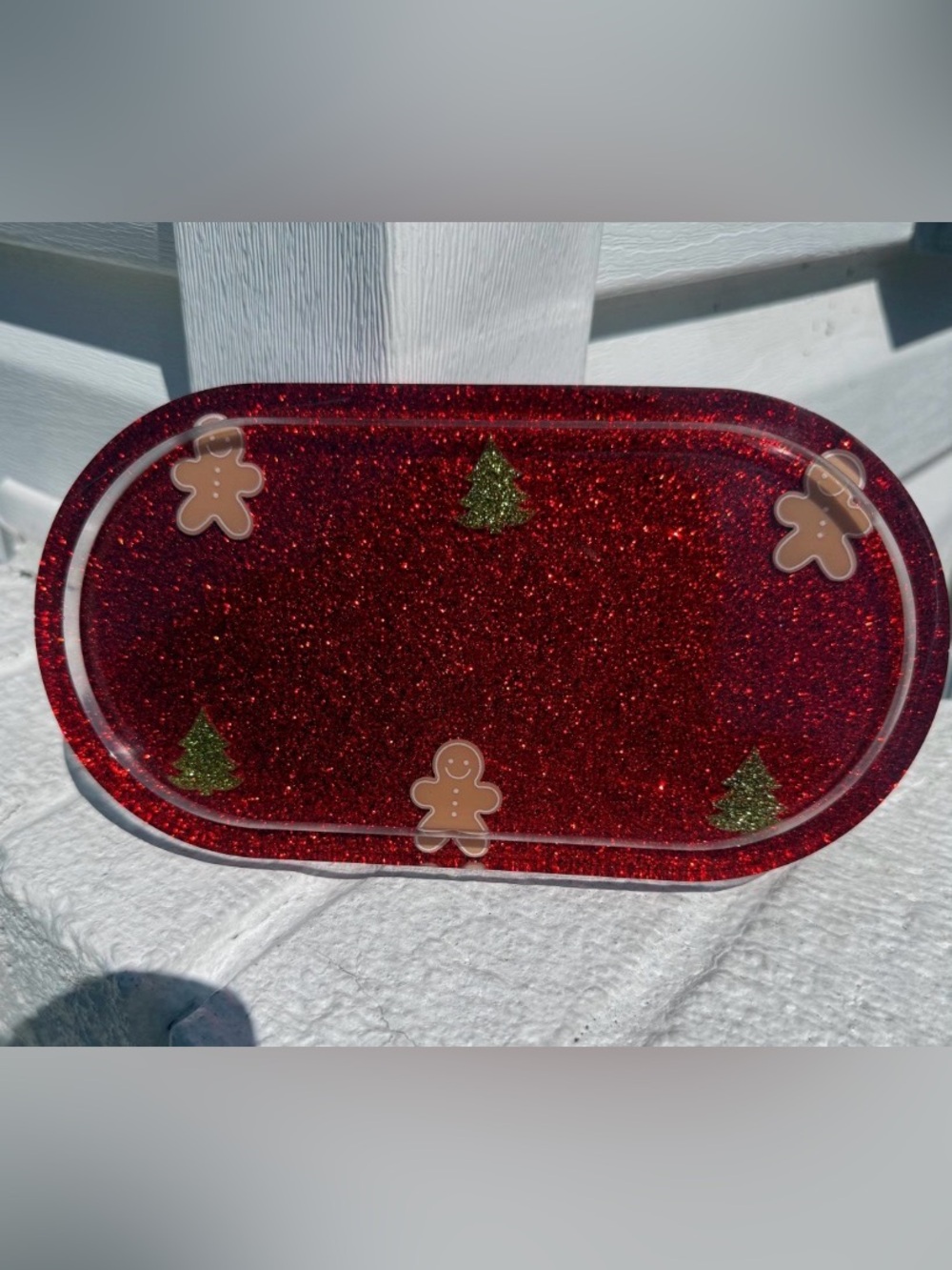 HANDMADE Festive Red Glitter Holiday trinket Tray with Gingerbread & Tree Accen